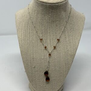 Silver Tone Amber Glass Bead Lariat Y-Necklace Teardrop Pendants Adjustable